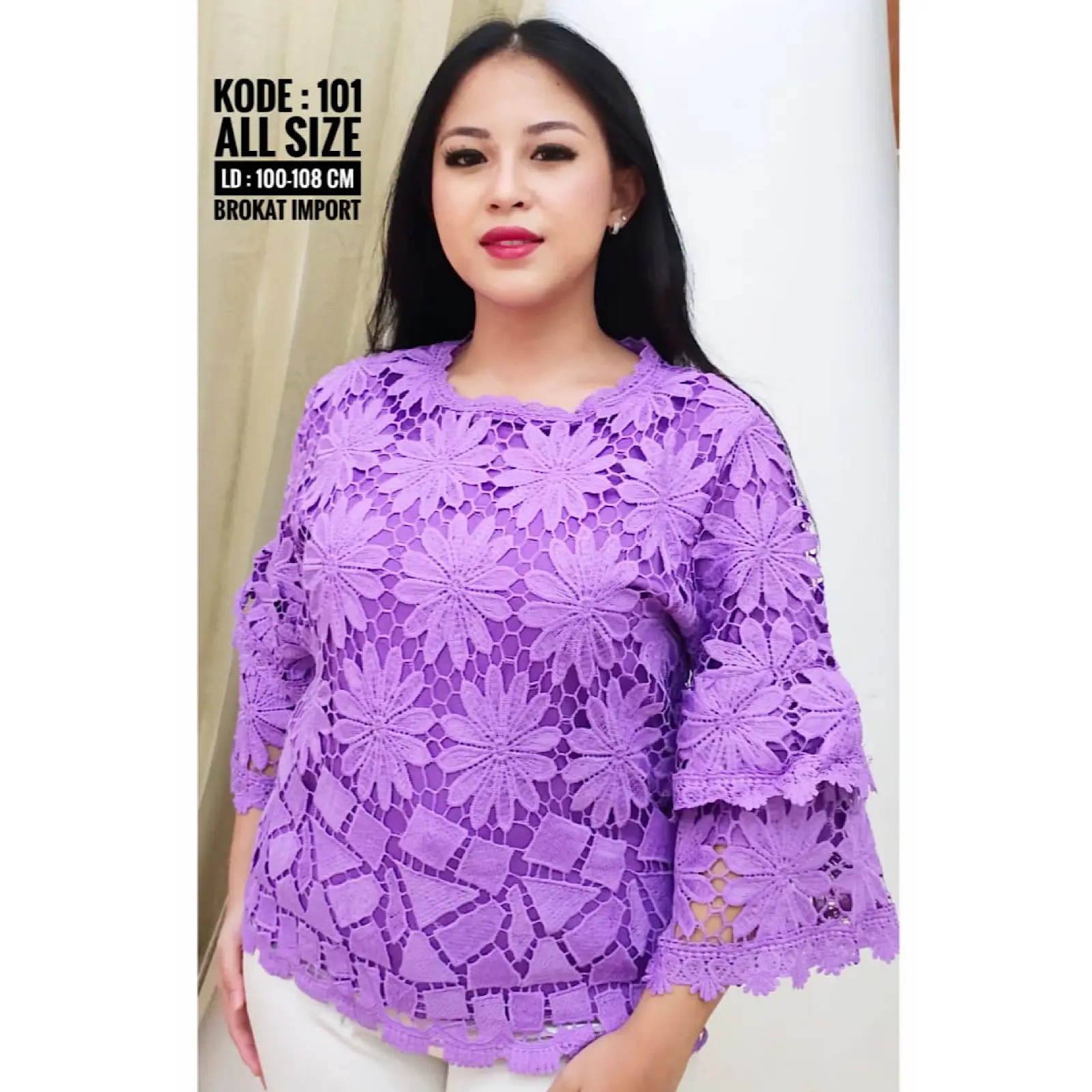 KLV Atasan Blus Brokat Wanita Import Lengan Terompet 7/8 - 101