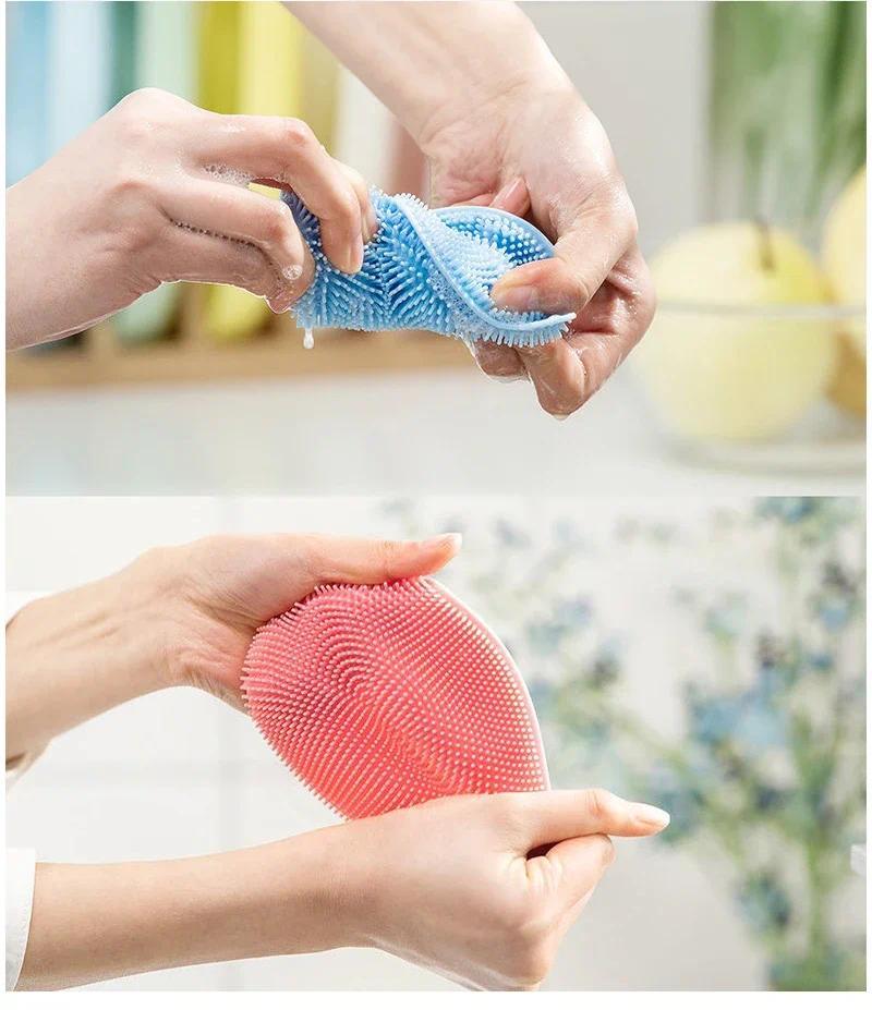 Product Introduction of 3Pcs Kitchen Cleaning Brush Silicone Dishwashing Brush Fruit Vegetable Cleaning Brushes Pot Pan Sponge Scouring Pads Table Mat 5