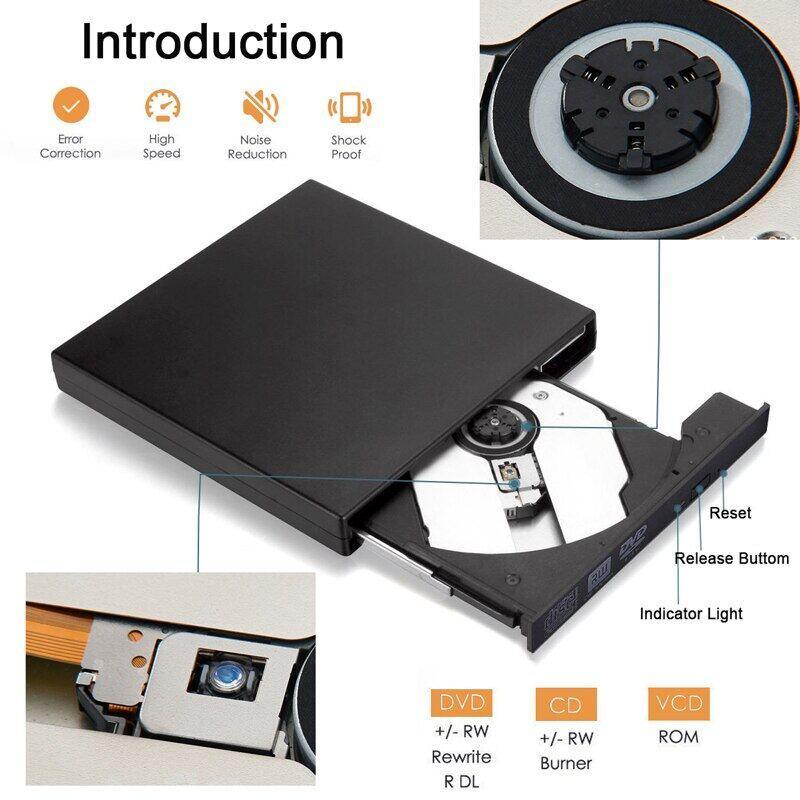 MQQ CD ROM Drive External DVD Drive Slim Portable Optical Drive Writer Burner Rewriter Untuk PC /laptop komputer black laptop  kabel 4