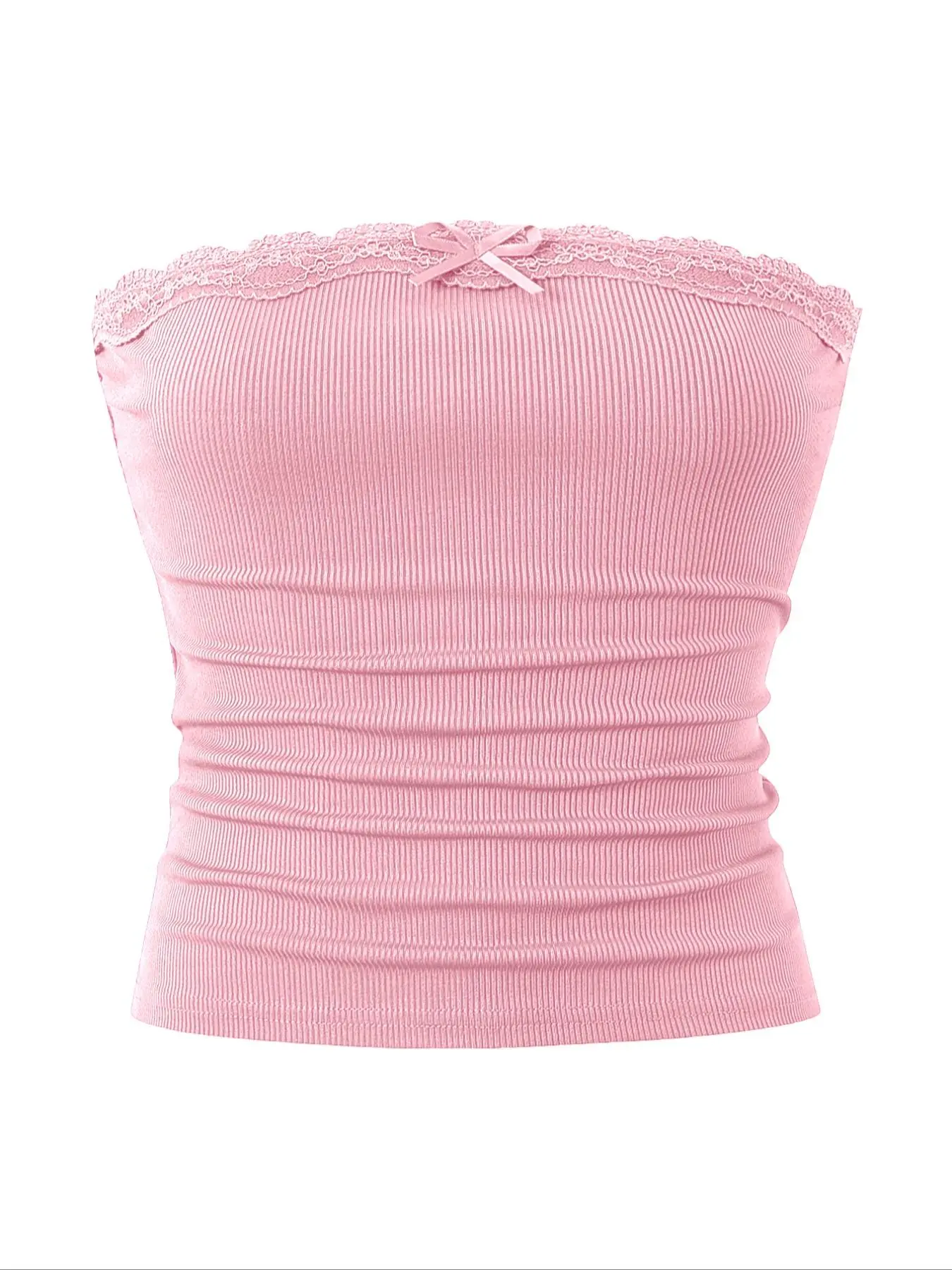 Women's Plain Ribbed Lace Trim Crop Tube Top, Casual Strapless Cropped Top for Summer, Fashion Women's Top for Daily Wear