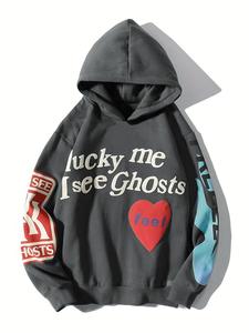 Sudadera con capucha de hombro caído con estampado de letras y corazones para mujer, sudadera con capucha de manga larga informal de moda para uso diario al aire libre de vacaciones, ropa de mujer para otoño e invierno