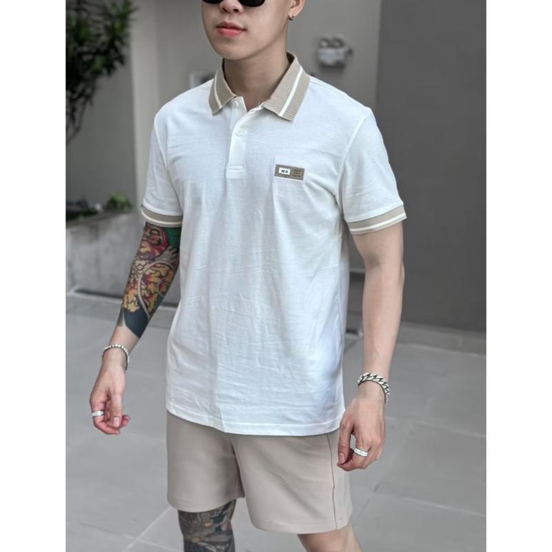 Áo thun cổ trụ nam nữ dệt phối LOGO thêu chất cotton co giãn thoải mái phong cách trẻ trung mẫu mới Menswear Top Polo Shirt