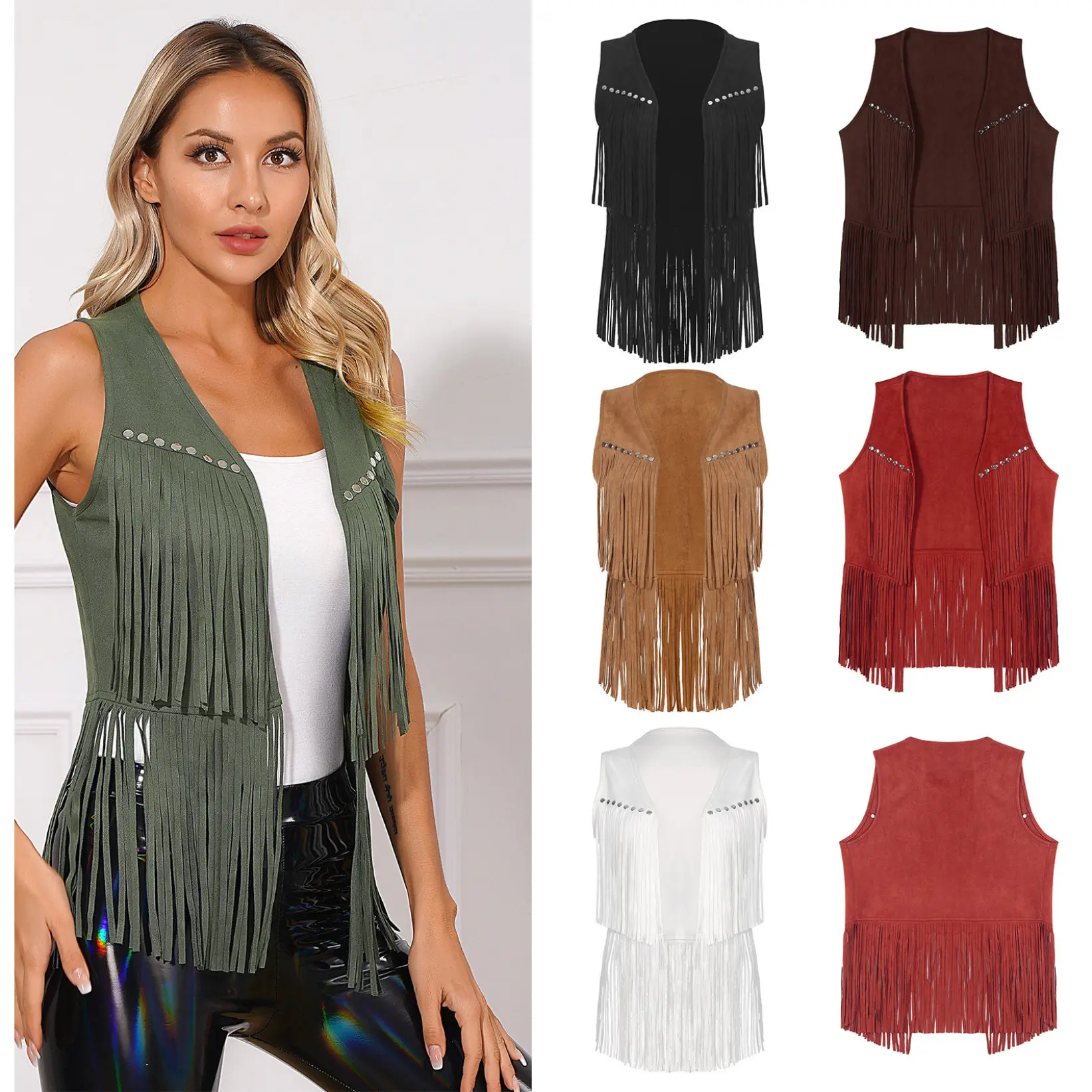 Mufeng 70s Costume for Women Fringe Vest Faux Suede Rivets Waistcoat Cardigan Western Cowgirl Outfit Soft Womenswear