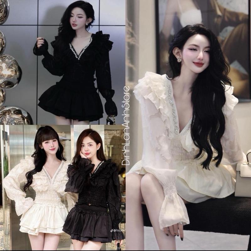 Set Váy Cổ V Đính Đá TAY DÀI CHE BẮP TAY Tiểu Thư Sang Chảnh Dự Tiệc Dress - DinhLanAnhStore