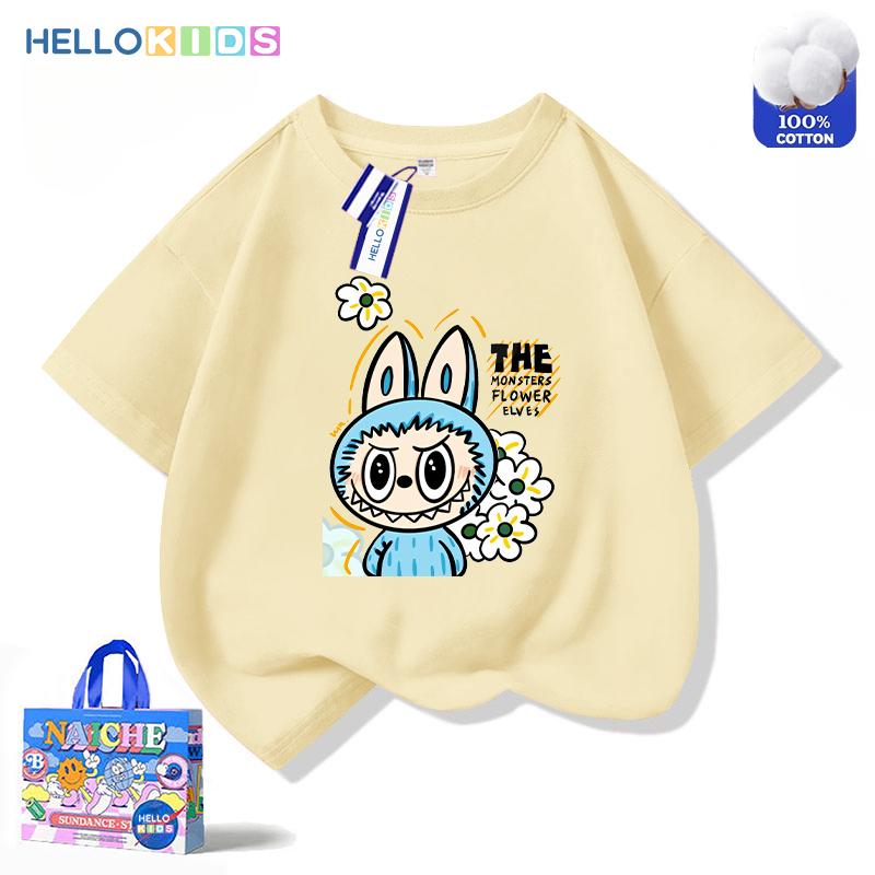Áo Thun Ngắn Tay 100% Cotton, In Hình Labubu, Phong Cách Dễ Thương, Thời Trang Trẻ Em, Áo Thường Ngày 3