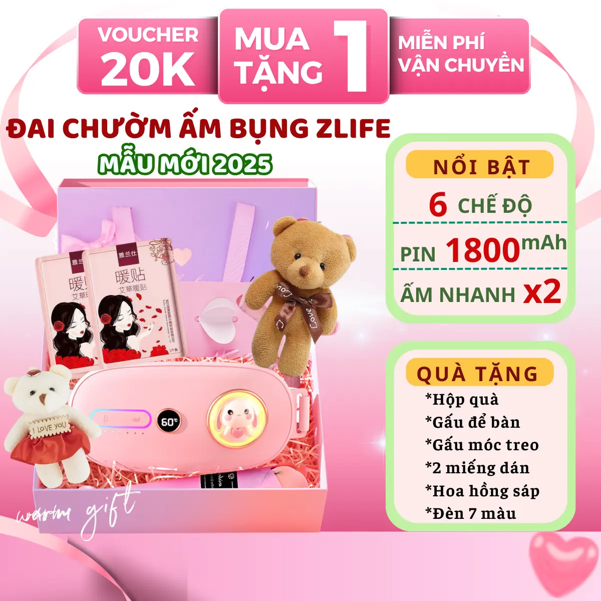 Đai chườm ấm bụng cho chị em tới tháng, Đai mát xa bụng Zlife 6 chế độ, Máy mát xa bụng cho bạn gái tới kỳ dâu