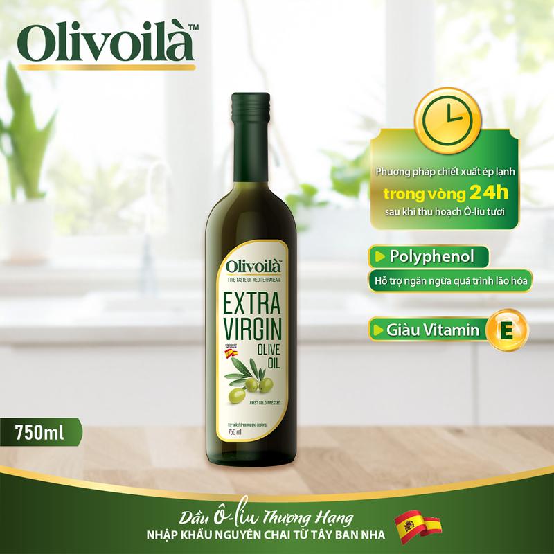  Dầu Ăn Ô-liu Nguyên Chất Olivoilà Extra Virgin 750ml chứa axit béo không bão hòa & vitamin E giúp chăm sóc da và tóc - Olivoila 