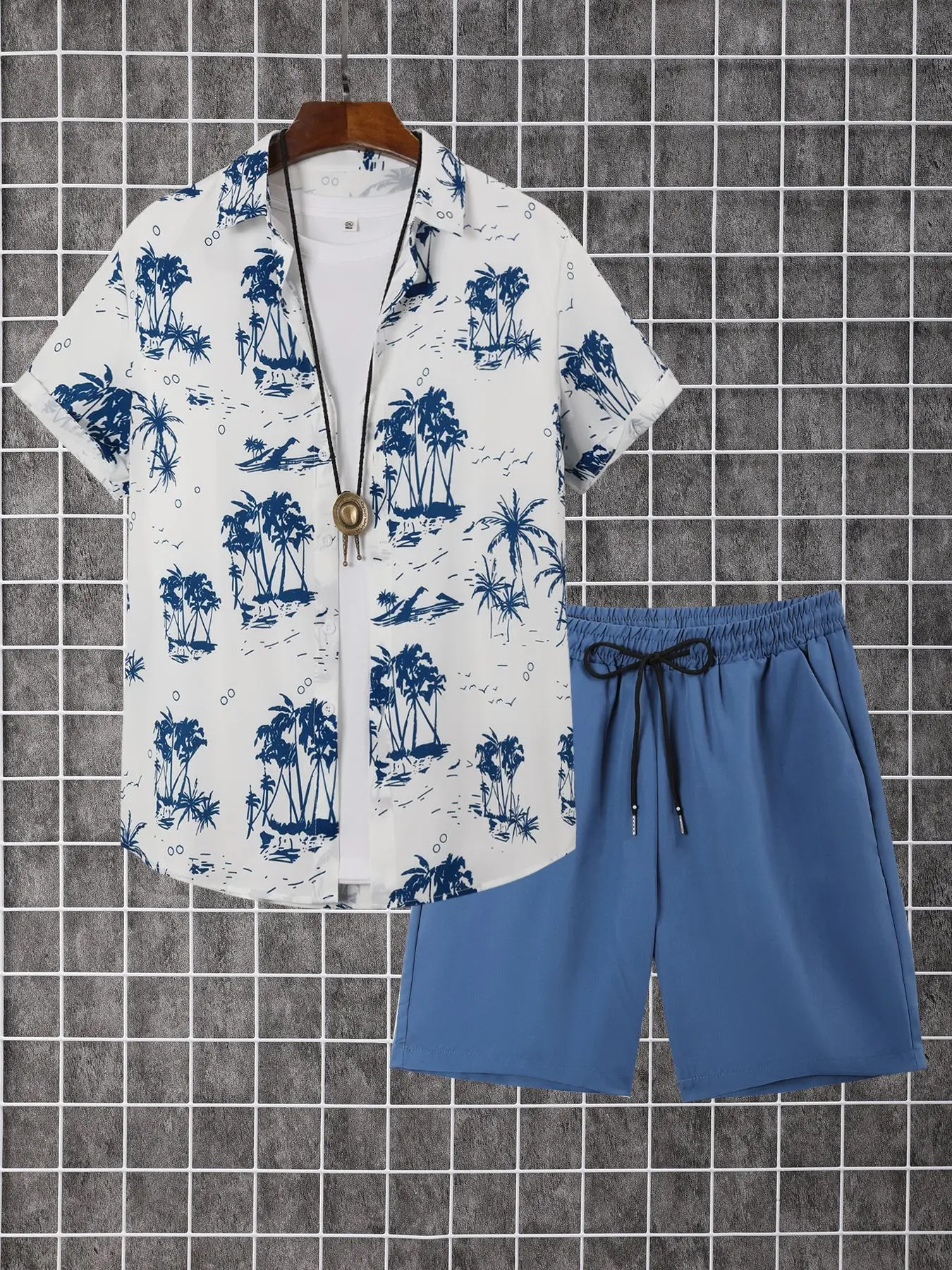 Two-Piece Set Men's Regular Fit Palm Tree Print Shirt & Shorts, Casual Short Sleeve Collared Top & Shorts for Summer, Men's Clothes for Beach Vacation