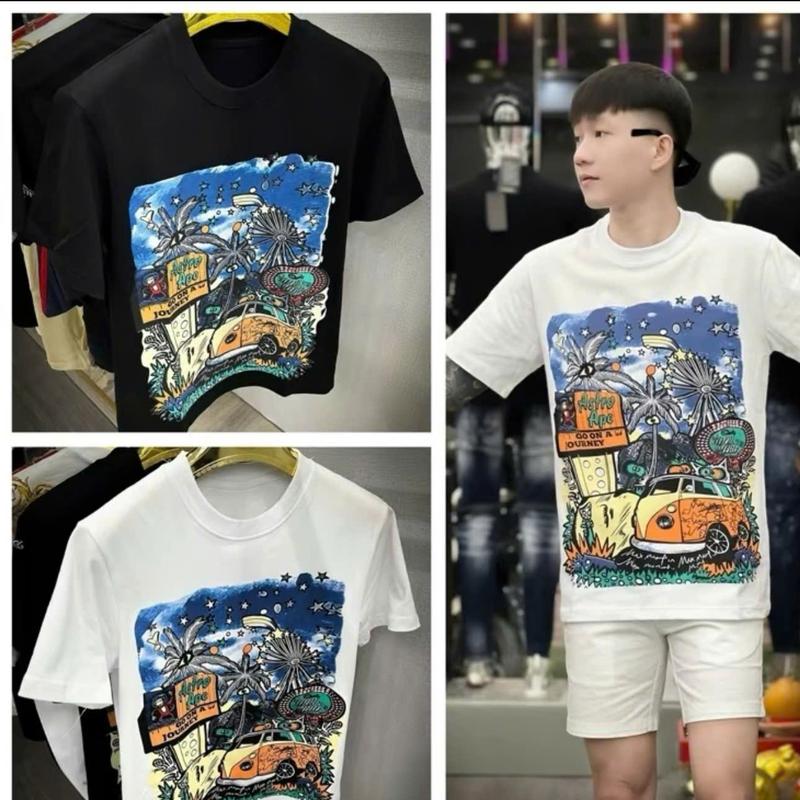 Áo phông Nam Cổ Tròn tay ngắn vải cotton in họa tiết ô tô cây dừa  màu trắng đen Mensewar Top