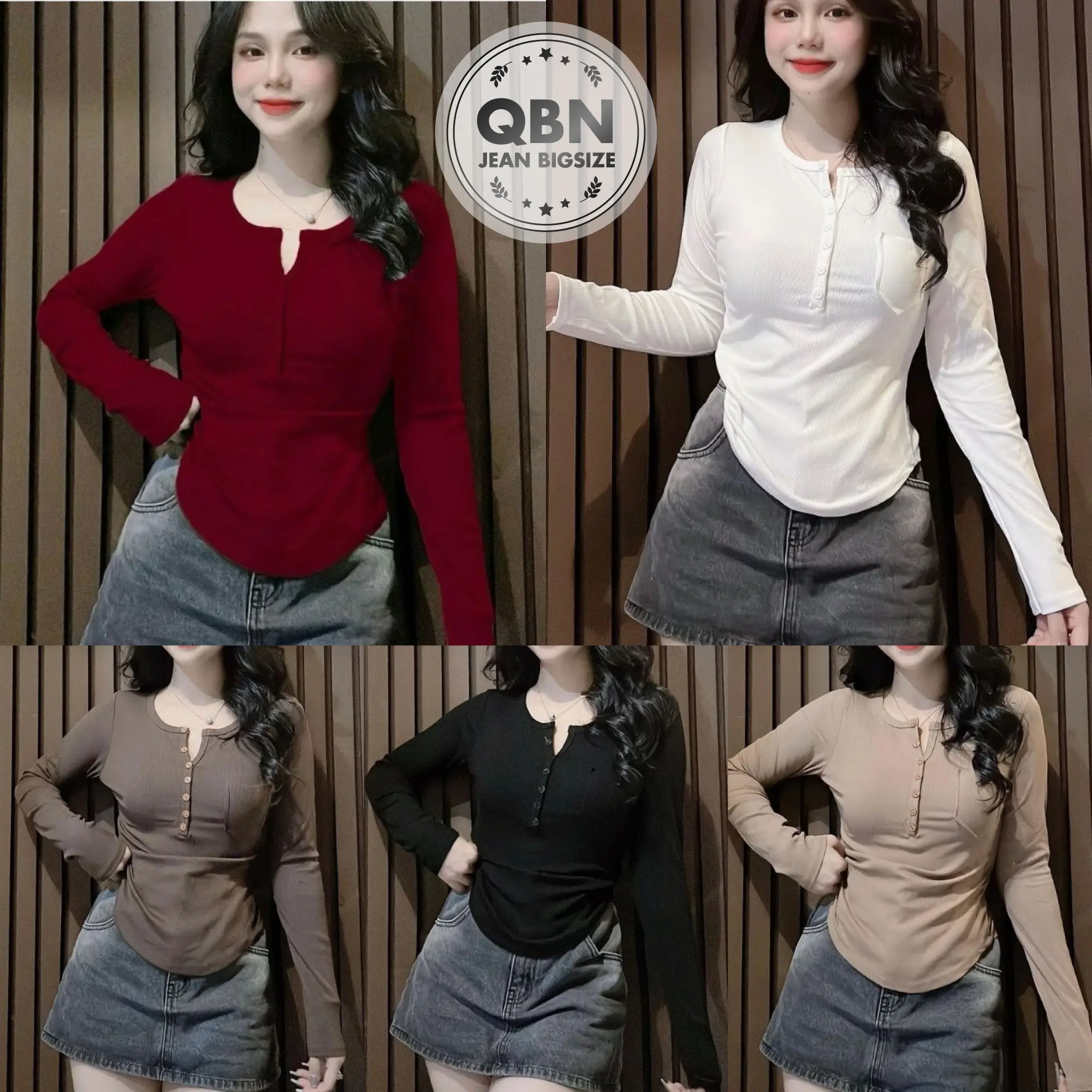 Áo Thun Tăm Lạnh Tay Dài Có NÚT + Túi Ngực  _ Bigsize:45-85kg - MS08 Nữ Top