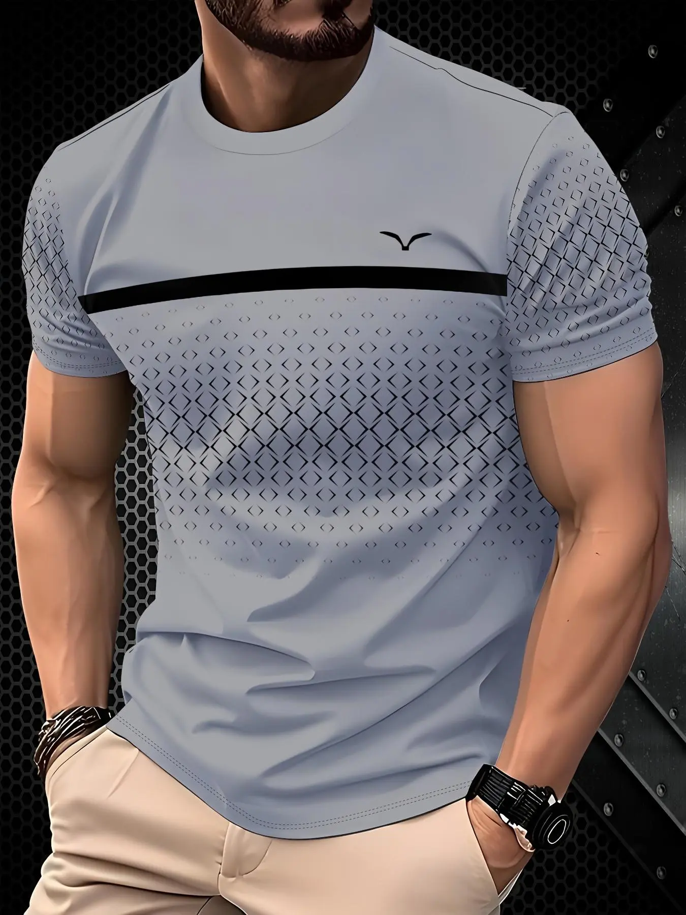 Men's Geometric Print Round Neck Tee, Regular Fit Casual Short Sleeve Crew Neck T-shirt for Daily Wear, Men's Top for Summer
