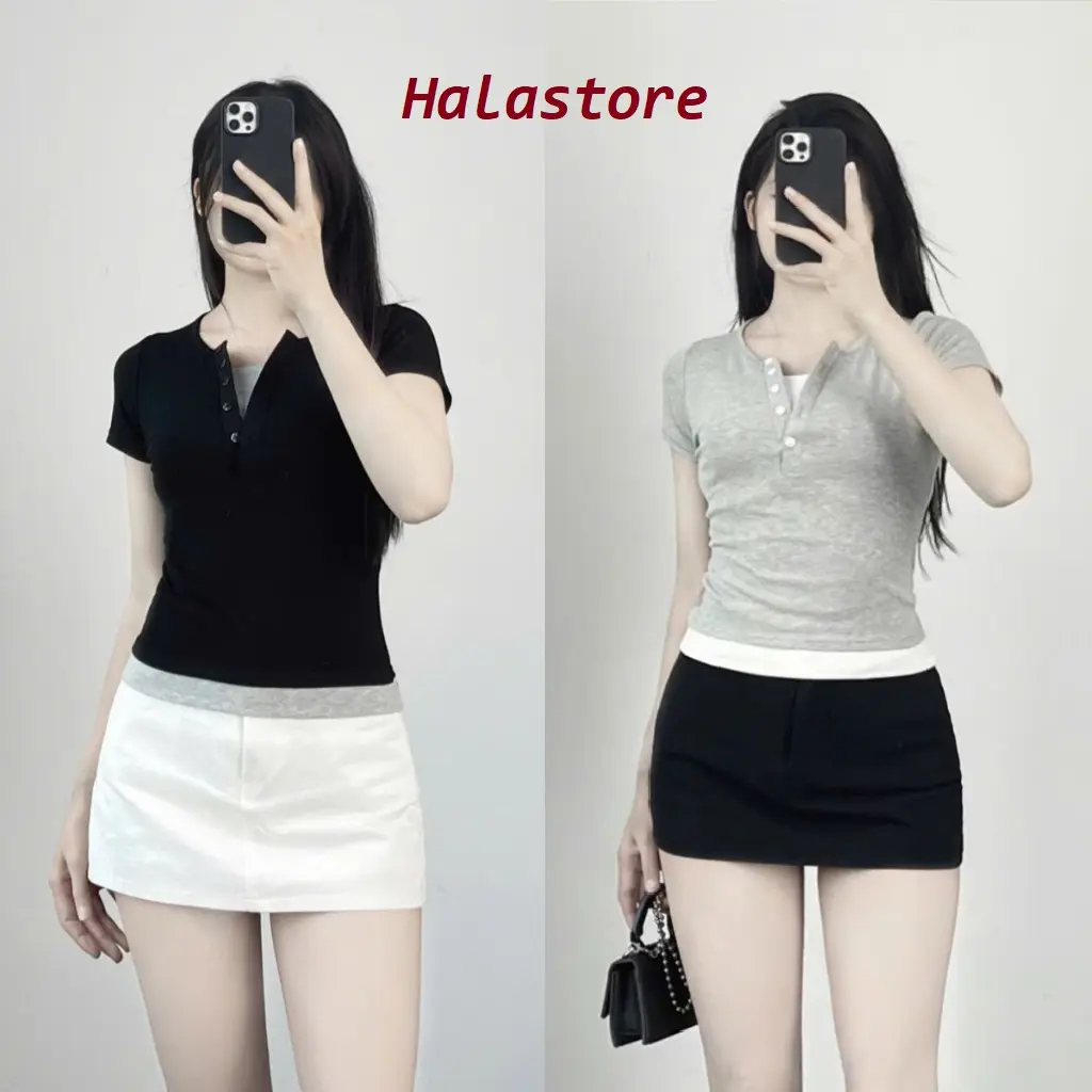 Áo Thun Nữ Cộc Tay Chất Cotton Cổ Trụ Phối 2 Lớp Điệu Đà Form Ôm BigSize, Áo Phông Nữ Ngắn Tay Phối Basic 381T