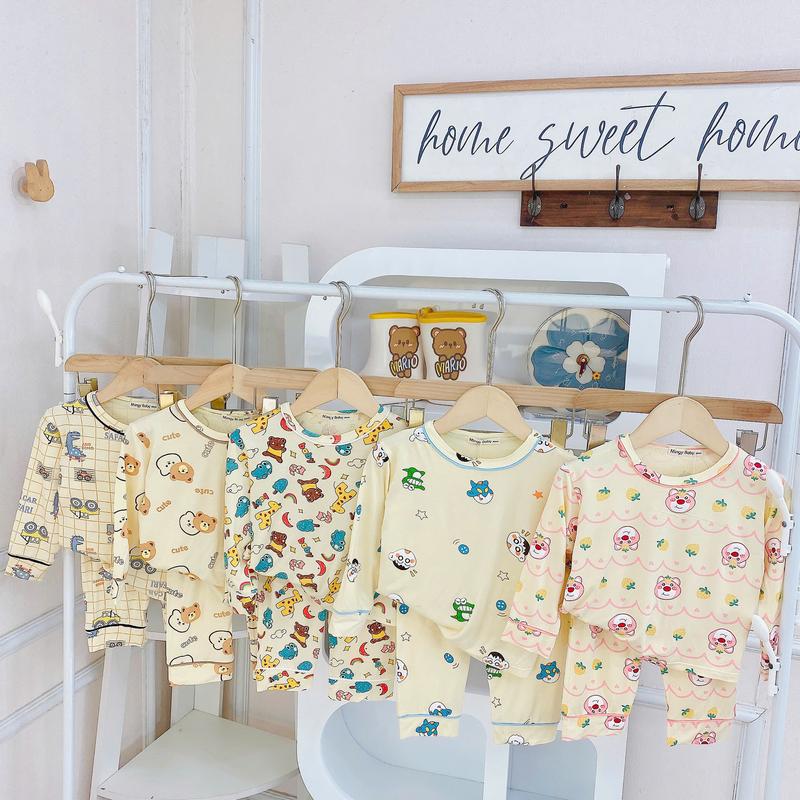 MinGy Baby Bộ quần áo dài tay Pijama thun lạnh in hình chạy viền-Bộ quần áo vải thun lạnh mỏng mát cho bé mặc nằm điều hòa bộ đồ ngủ cho bé trai bé gái quần áo