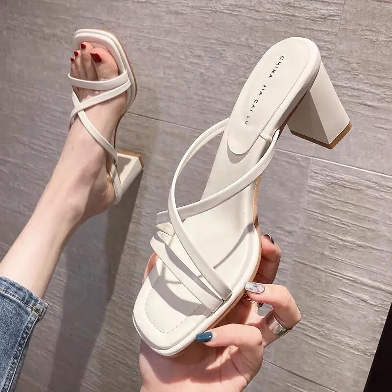 Guốc Dây Đan Cao Gót 5P 2 Màu Đen Kem g4