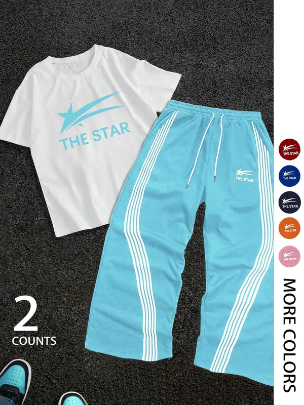 Two-Piece Set Men's Letter Print Short Sleeve Tee & Tracksuit Legging Set, Regular Fit Round Neck T-shirt & Striped Print Pants, Casual Fashion Breathable Men Two-piece for Gym Workout Running 7