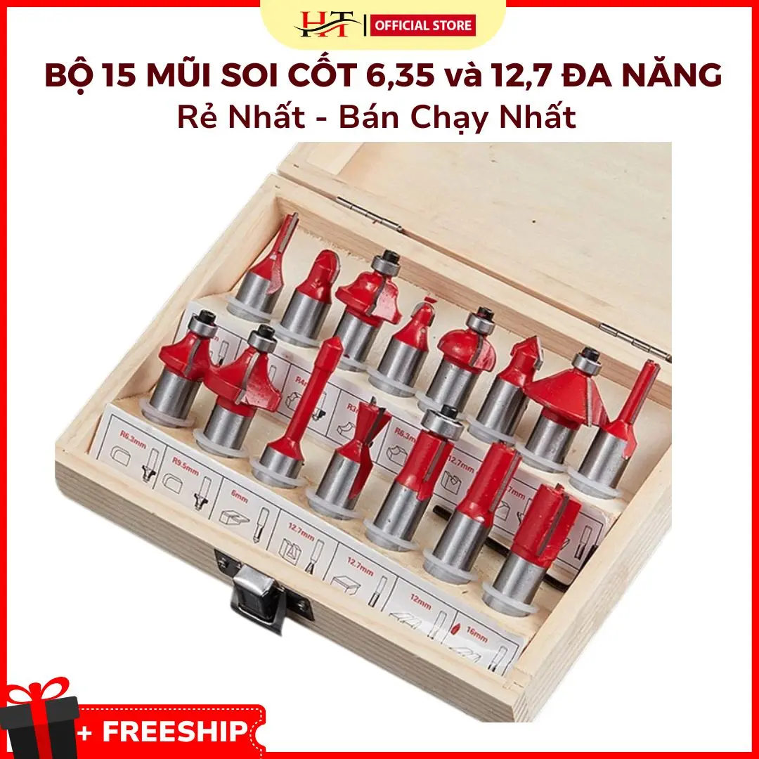 BỘ 15 MŨI SOI CỐT 6.35MM, 12.7MM -  Lắp Máy Router Cầm Tay
