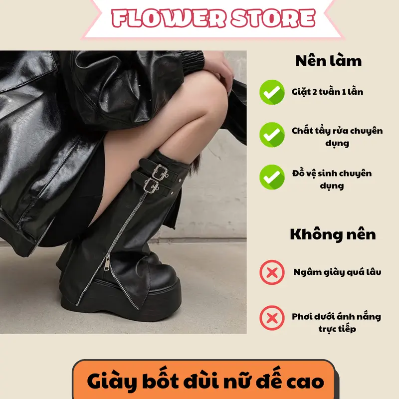 [ MUA 1 TẶNG 1 ]  Giày Bốt Đùi Nữ Đế Cao Ống Rộng Khóa Kim Loại Cao Cấp Cá Tính B07 - Boot, Shoes - Tặng 1d tất thêu hình ngẫu nhiên 2