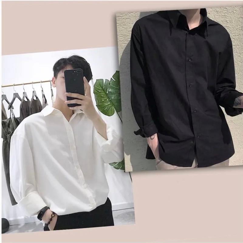 Áo sơ mi nam nữ dài tay Unisex Basic, Sơ mi nam chất vải lụa mịn mát form rộng suông Menswear Shirt sominam  dep Cổ Tròn sơ  mi  đen  mặc  vest