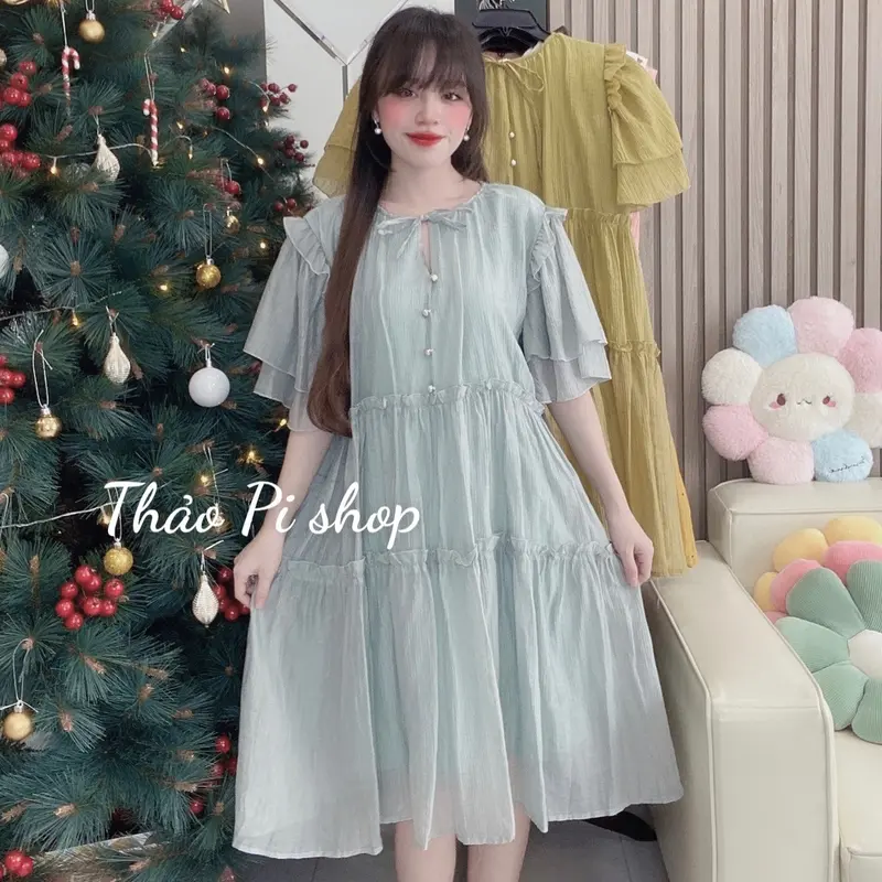Đầm babydoll Nữ dáng suông rộng tay phồng phối nút siêu đẹp - M8 8