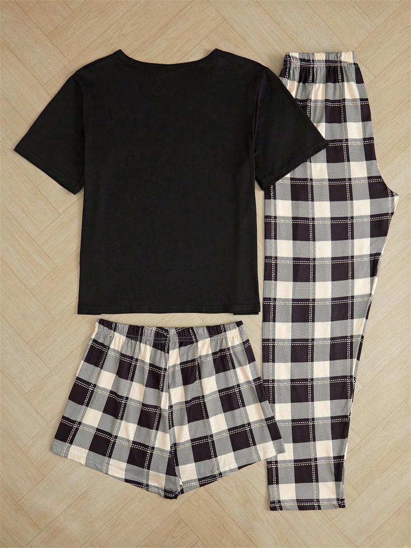 Product Introduction of Three-Piece Set Women's Plaid Print Pyjama Set, Casual Comfy Short Sleeve T-shirt & Elastic Waist Shorts & Bow Front Pants PJ Set, Ladies Sleepwear for All Seasons 7