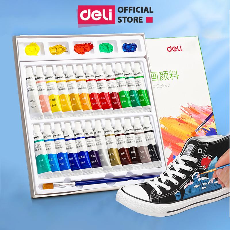 TẶNG KHAY CỌ Màu nước acrylic dạng tuýp 5ml chuyên nghiệp Deli - dùng để vẽ vải giày tường - 12 18 24 màu - Khô nhanh
