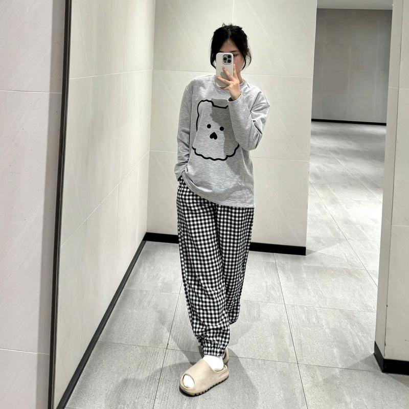 Bộ đồ mặc nhà nữ thu đông bộ ngủ dài tay hoạt hình quần kẻ caro dáng thụng dễ thương Thun Áo