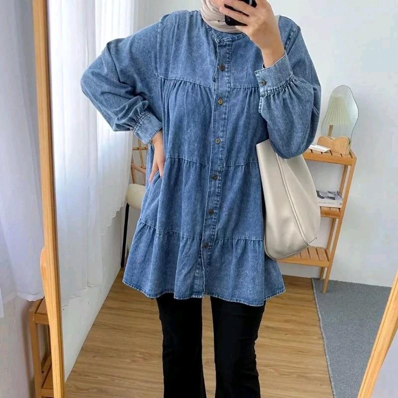 Atasan Kemeja Jeans Babydoll Susun // Kemeja Wanita Babydoll Oversize Kekinian 7
