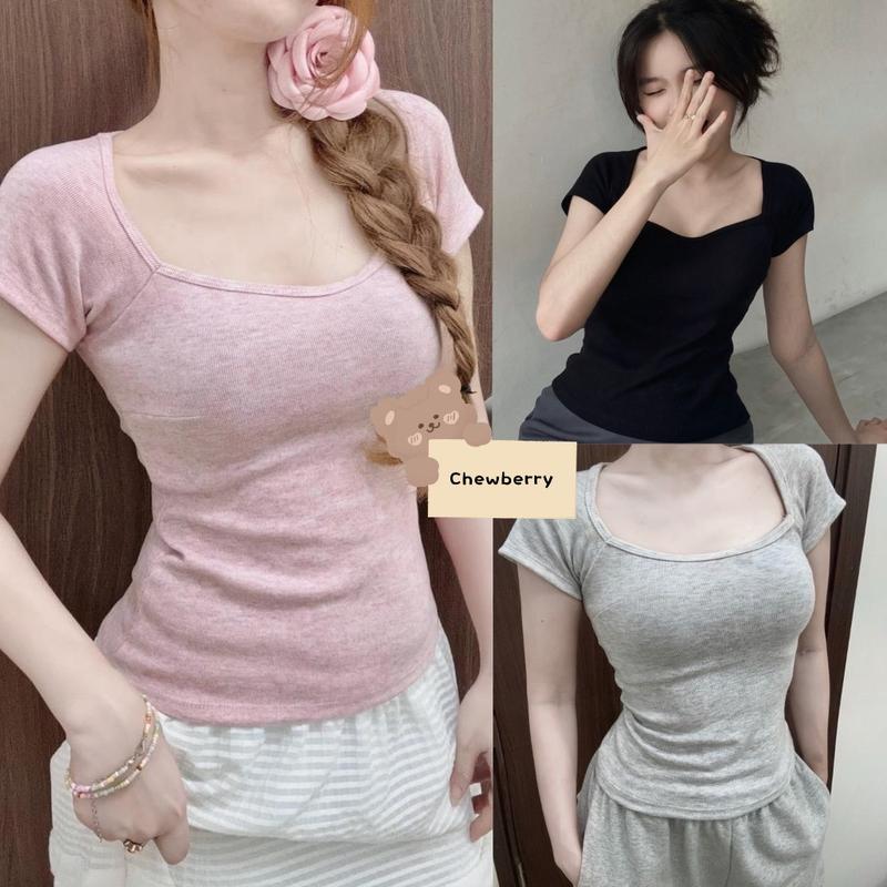 🌸elephant🌸Áo Croptop Tay Ngắn Dáng Cúp Ngực Cổ Thuyền Ôm Body Nữ 0