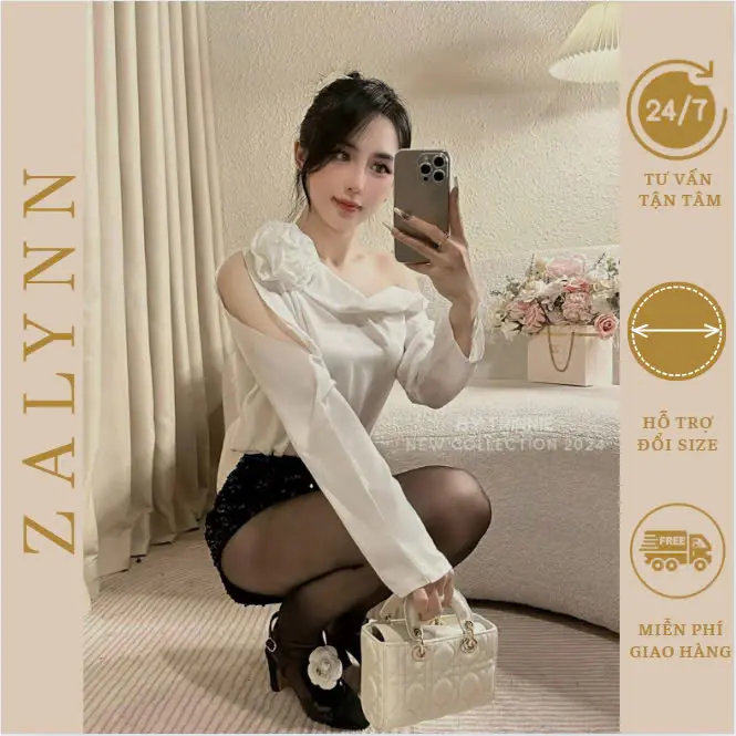 chất   Mango, thiết kế lệch vai có đính hoa tiểu thư. SM14 ZL Top hottrend2024