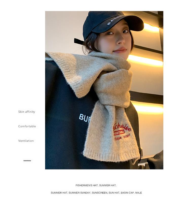 Product Introduction of Embroidered Brown with Letters with Woolen Knitting Scarf Winter Girls 2023 New High-Grade Korean Style All-Match Scarf 11