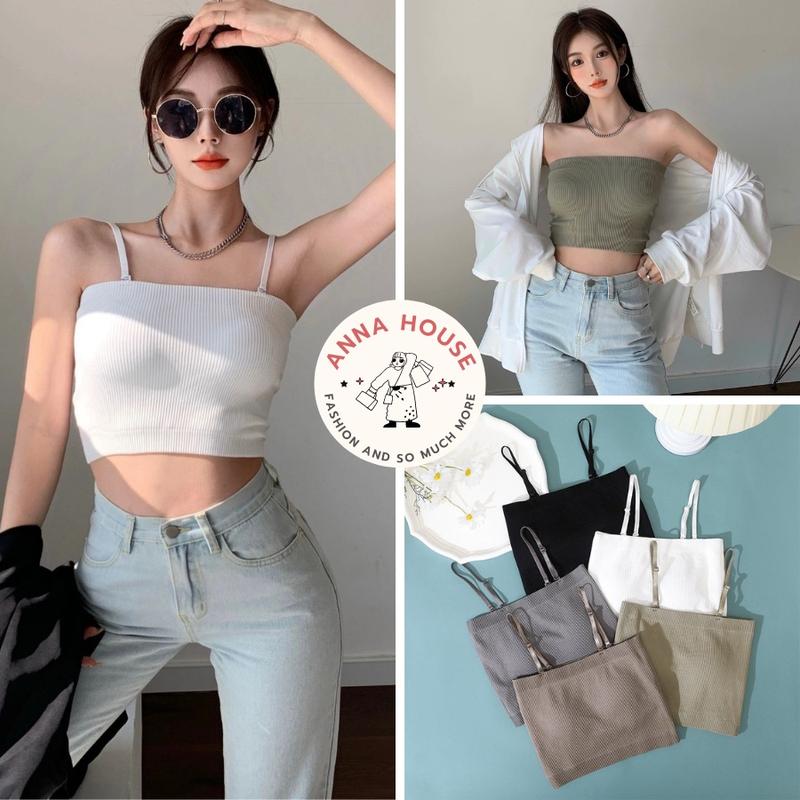 Áo bra hai dây sợi dẹt có đệm ngực dáng ngắn croptop chất gân tăm co giãn, áo bra 2 dây quây ngực có đệm mút Nữ