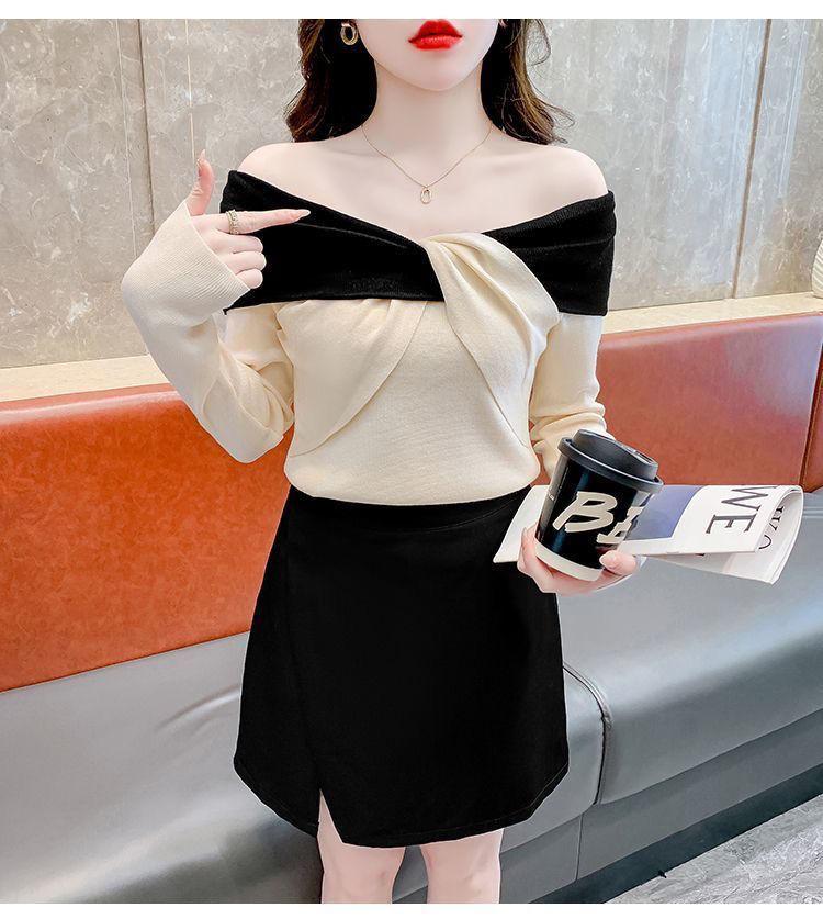 Product Introduction of Áo Lớp Nền Dệt Kim, Dành Cho Nữ, Thiết Kế Thắt Nơ Và Khối Màu, Hàng Mới Về Mùa Thu Và Mùa Đông, Áo Độc Đáo Áo Len Trễ Vai Màu Tương Phản Siêu Đẹp 14