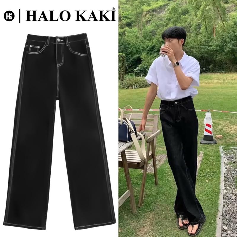 JEANS ĐEN CHỈ NỔI TRẮNG BAGGY - QUẦN JEANS CHỈ NỔI ĐEN CHỈ TRẮNG CHẤT DÀY FORM RỘNG PHỦ GÓT Nam Menswear Lịch Pants Denim Baggy Có Túi