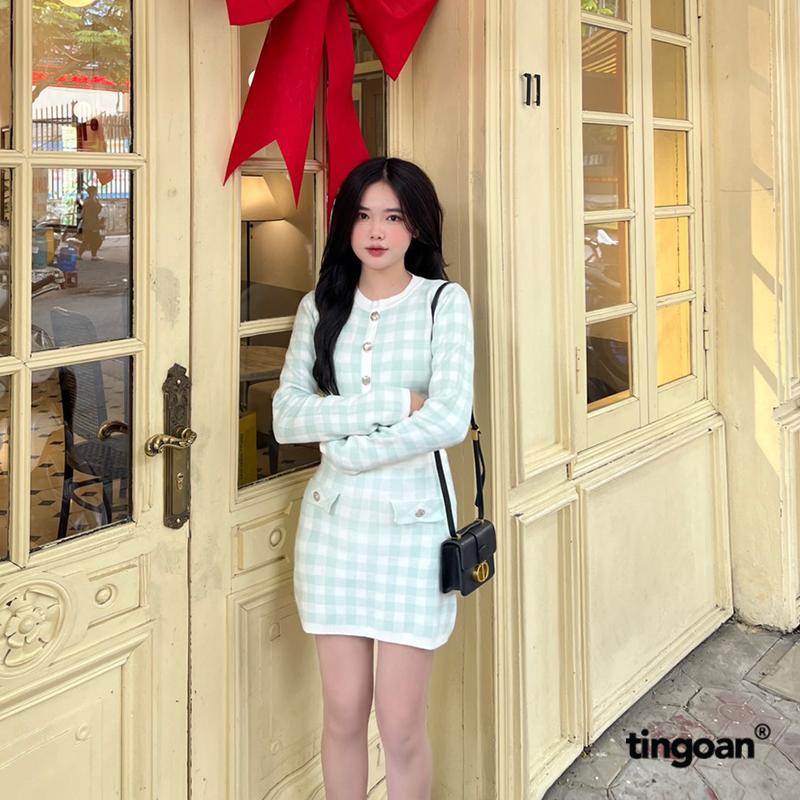 TINGOAN - Cả set áo len xù và chân váy len xù caro mint MY BIRTHDAY SET MINT