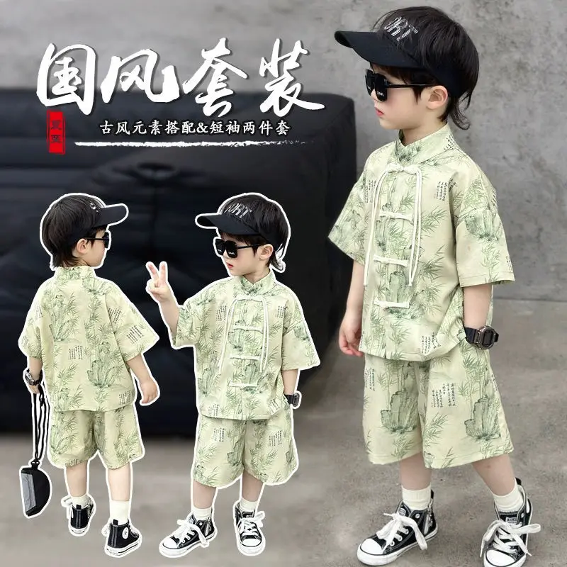 Quần Áo Mùa Hè Cho Bé Trai, Trang Phục Áo Sơ Mi, Phong Cách Trung Quốc Mới, Hanfu, Bộ Sưu Tập Mùa Hè 2024, Trông Boyish, Phong Cách Cổ Trang, ngắn Tay, Thời Trang