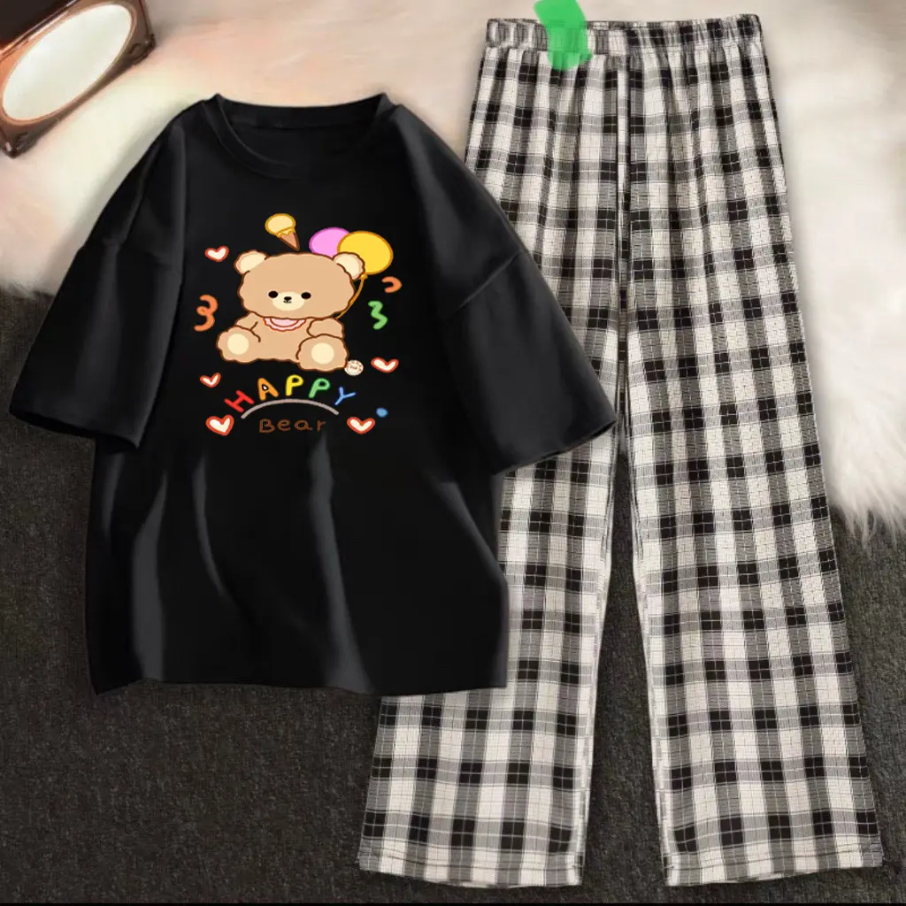 Sét Áo phông in hình gấu happy bear+ quần caro, chất đẹp mặc không xù, thiết kế cá tính.