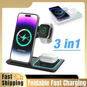 Three-in-One Wireless Charger Foldable LED Light Mobile Phone Holder Suitable for Fast Charging Station Cable Plastic Protection Usb White