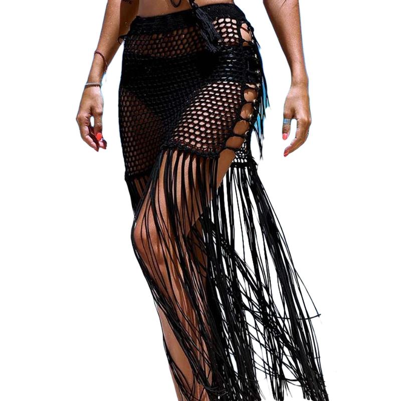 Women's Swimwear Cover-Up Skirt Solid Long Tassel Fishnet Bikini Smock 4