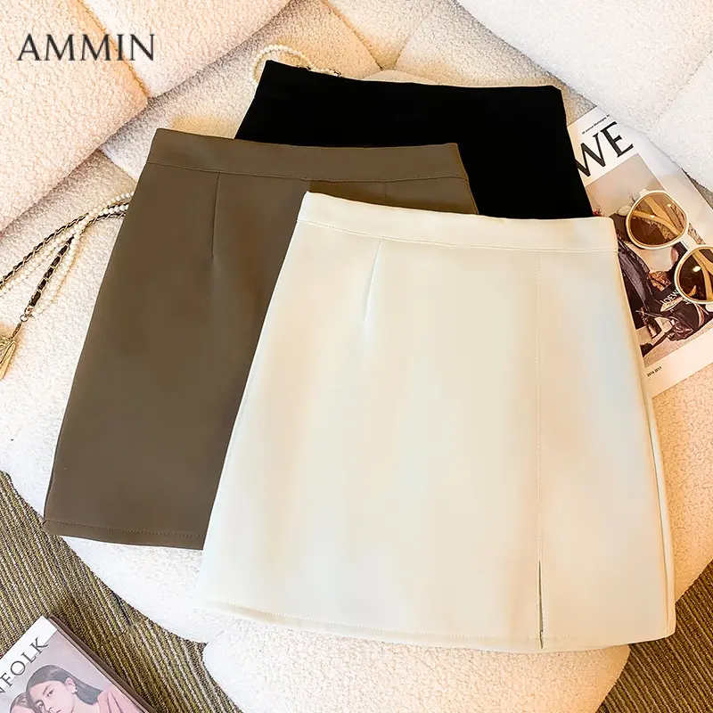 AMMIN Korean style zipper high waist fashion draw pleat slit design chiffon skirt Women 2024 spring and autumn retro solid color commuting A-line anti-slip skirt
