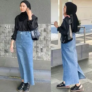 Rok Jeans Highwaist Theana - Rok Jeans Skirt Denim Theana Belah Belakang Kancing Karet Panjang Wanita Standar