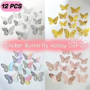 12pcs Sticker Butterfly Hollow Out 3D Kupu-kupu Dekorasi Dinding Aesthetic Emas Bunga Decor Hiasan Mahar Rustic Dekorasi Wall Sticker Murah kupu  kupu  hologram kupu  kupu  tempel  dinding