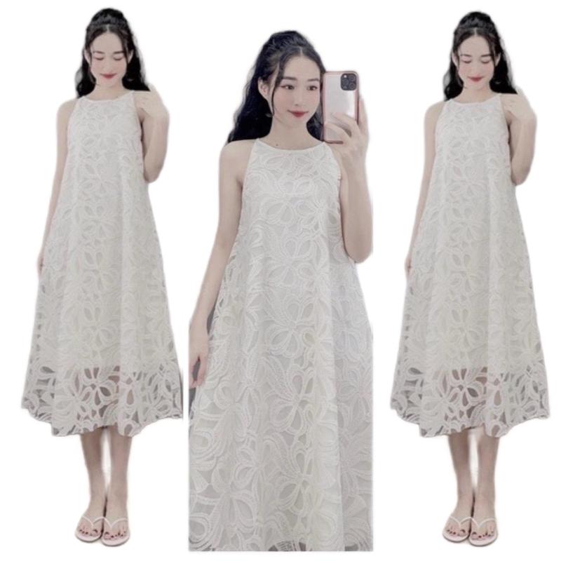 [V97] Váy ren yếm kem 2 lớp dáng xuông bầu mang được Kem Dress Nhung Màu Trắng