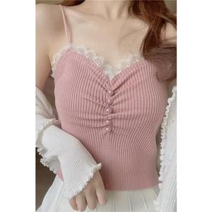 Lace Trim Sexy Camisole Slim Fit Inner Wear Summer Knitted Top Sleeveless Sweet Spicy Base Temperament Top