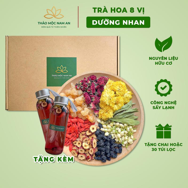 Trà Hoa 8 Vị Dưỡng Nhan (Hộp 30 Gói) Hoa Cúc, Dâu Tằm, Táo Đỏ, Kỷ Tử, Long Nhãn, Hoa Hồng, Cỏ Ngọt, Nụ Nhài - Nước Trà, Chè, Tea