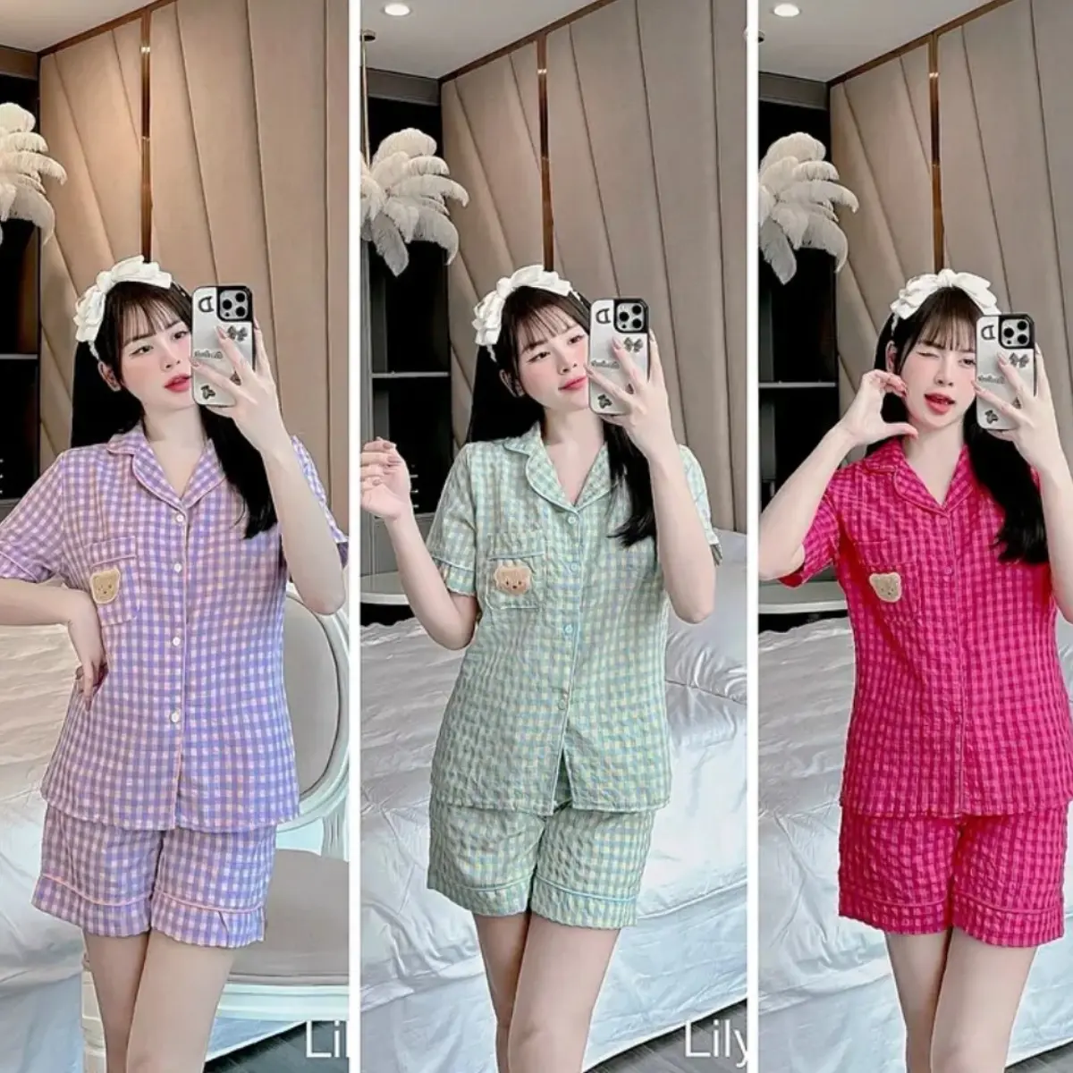 Set mặc nhà Nữ, Đồ ngủ, bộ pyjama nữ kẻ caro Đùi cộc chất vải thô mềm nhẹ mát