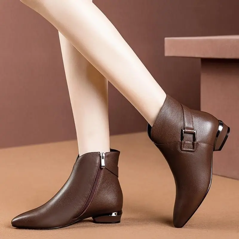 Bốt Da Ngắn, Dành Cho Nữ, Gót Chunky, Phong Cách Mùa Lò Xo, Mũi Nhọn, Ống Ngắn, Dễ Phối Đồ, Ấm Áp, Thích Hợp Cho Mẹ, Giày Da, Bốt Lót Lông Cừu Boot Shoes