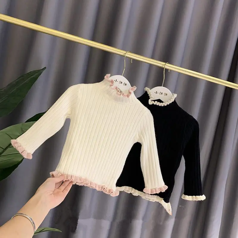 Áo Len Độn Nhung, Cho Bé Gái, Áo Len Trẻ Em, Dễ Phối Đồ Cho Bé Gái, Áo Lớp Nền Cổ Cao, Quần Áo Trẻ Em