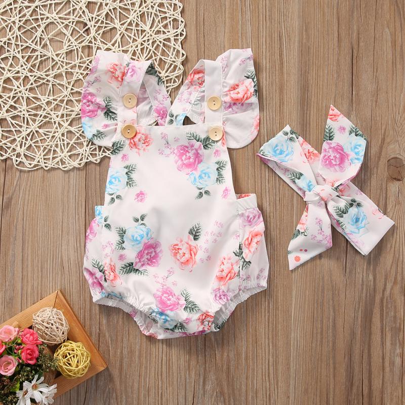 Product Introduction of 2PCS Clothes Set Newborn Baby Girls Flying Sleeve Flower Open Back Romper + Bow Headband Clothes 34