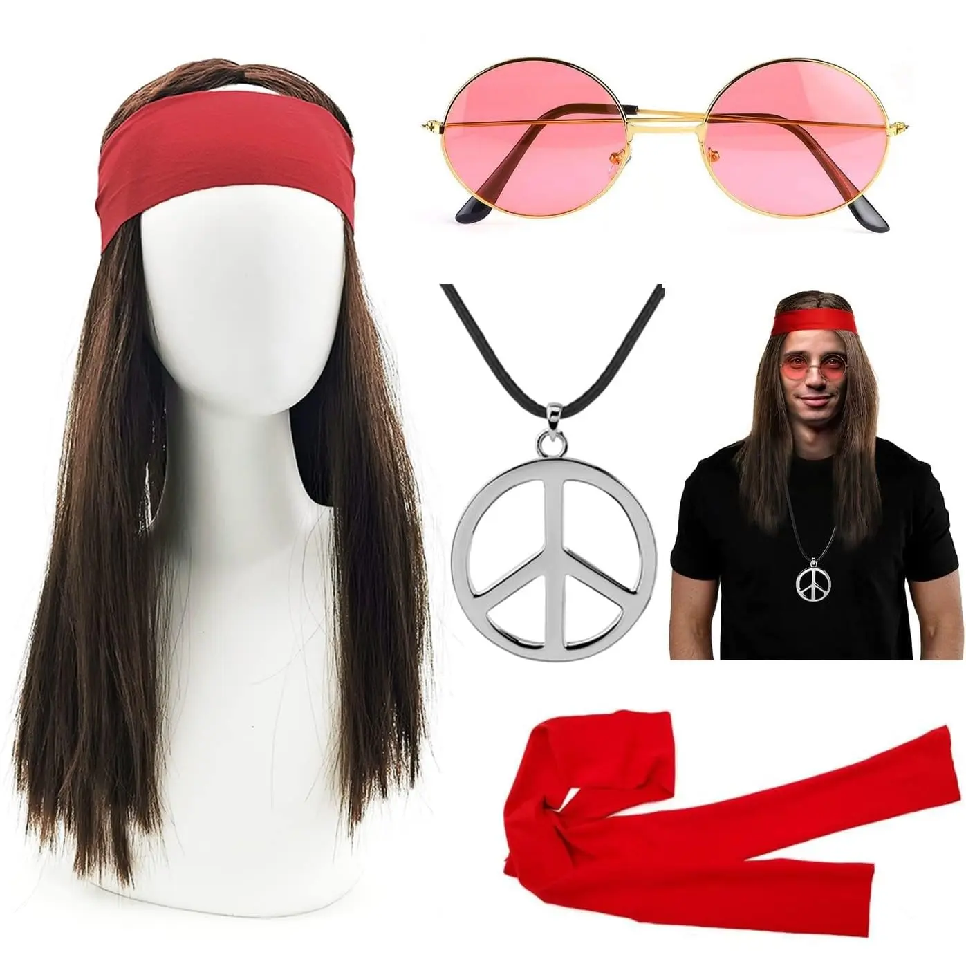 Cosplay Hippie Halloween Men's Costume Accessories with Wig Sunglasses and Peace Necklace , Carnival Party Prom Costume Accessory Set