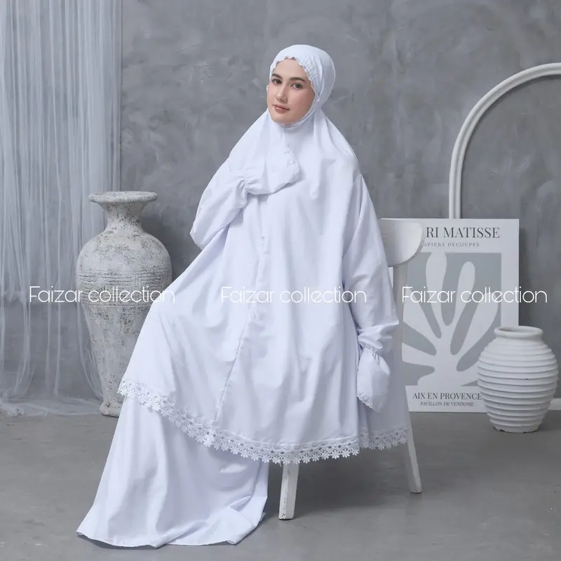 Mukena Dewasa Stelan Berlengan Umroh Dan Haji Katun Premium Haji Muslim Putih 6